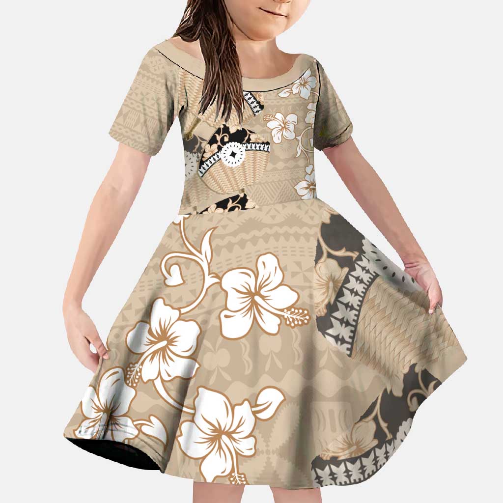 Bula Fiji Iri Buli Family Matching Off Shoulder Maxi Dress and Hawaiian Shirt Woven Fan With Fijian Tapa LT14 Daughter's Dress Beige - Polynesian Pride