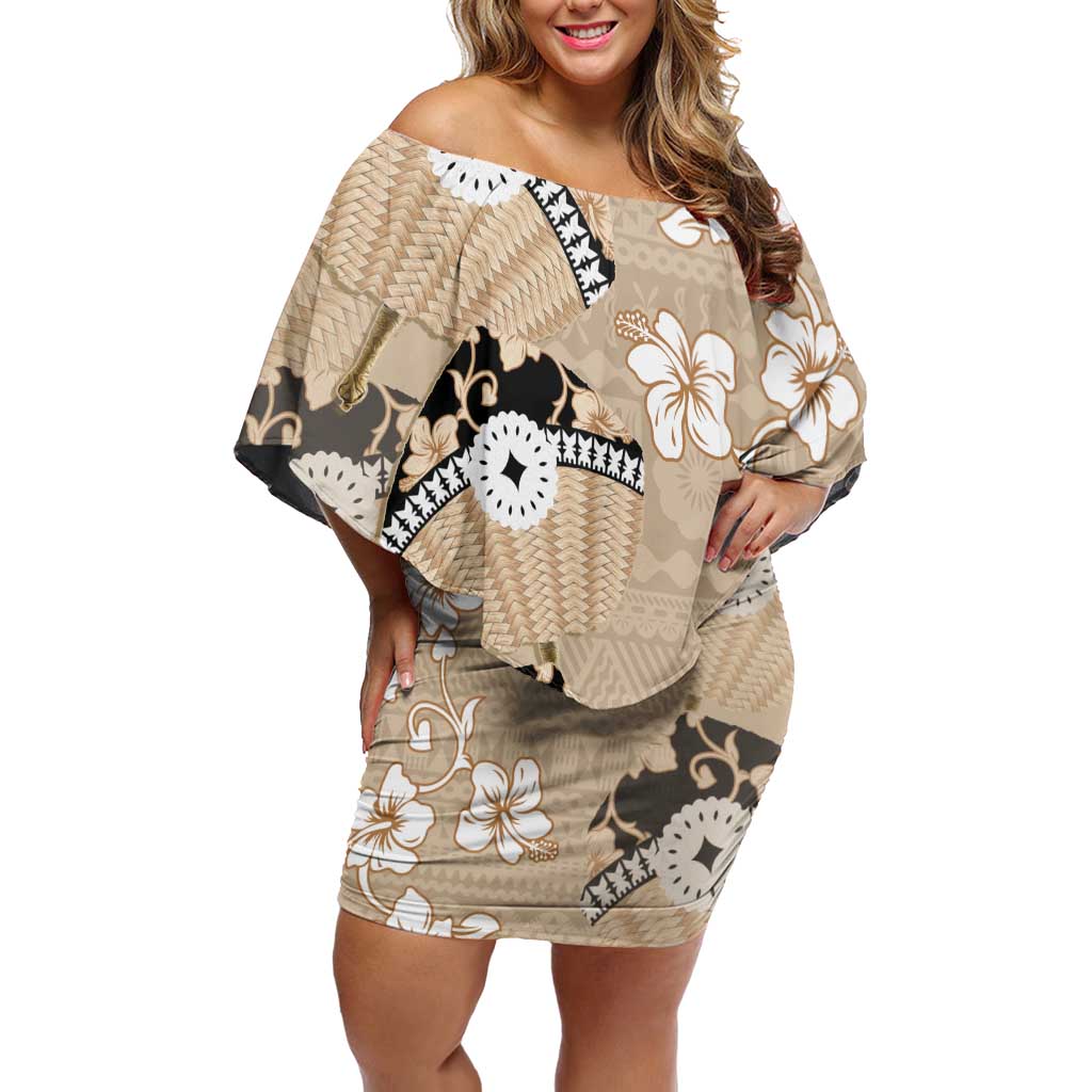 Bula Fiji Iri Buli Family Matching Off Shoulder Short Dress and Hawaiian Shirt Woven Fan With Fijian Tapa LT14 Mom's Dress Beige - Polynesian Pride