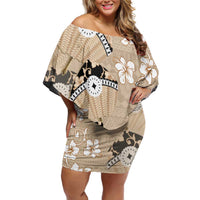Bula Fiji Iri Buli Family Matching Off Shoulder Short Dress and Hawaiian Shirt Woven Fan With Fijian Tapa LT14 Mom's Dress Beige - Polynesian Pride