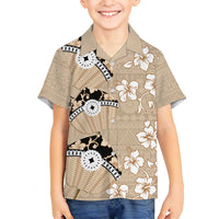 Bula Fiji Iri Buli Family Matching Off Shoulder Short Dress and Hawaiian Shirt Woven Fan With Fijian Tapa LT14 Son's Shirt Beige - Polynesian Pride