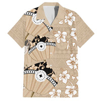 Bula Fiji Iri Buli Family Matching Short Sleeve Bodycon Dress and Hawaiian Shirt Woven Fan With Fijian Tapa LT14 Dad's Shirt - Short Sleeve Beige - Polynesian Pride