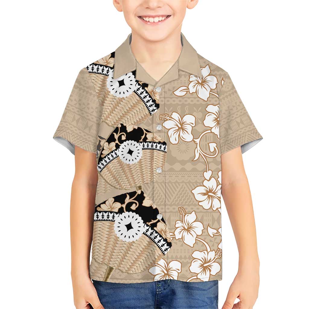 Bula Fiji Iri Buli Family Matching Short Sleeve Bodycon Dress and Hawaiian Shirt Woven Fan With Fijian Tapa LT14 Son's Shirt Beige - Polynesian Pride