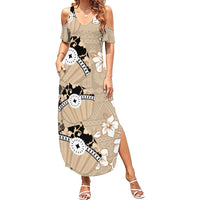 Bula Fiji Iri Buli Family Matching Summer Maxi Dress and Hawaiian Shirt Woven Fan With Fijian Tapa LT14 Mom's Dress Beige - Polynesian Pride