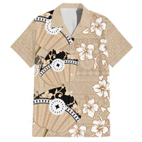 Bula Fiji Iri Buli Family Matching Tank Maxi Dress and Hawaiian Shirt Woven Fan With Fijian Tapa LT14 Dad's Shirt - Short Sleeve Beige - Polynesian Pride
