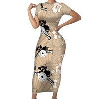 Bula Fiji Iri Buli Short Sleeve Bodycon Dress Woven Fan With Fijian Tapa LT14 Long Dress Beige - Polynesian Pride