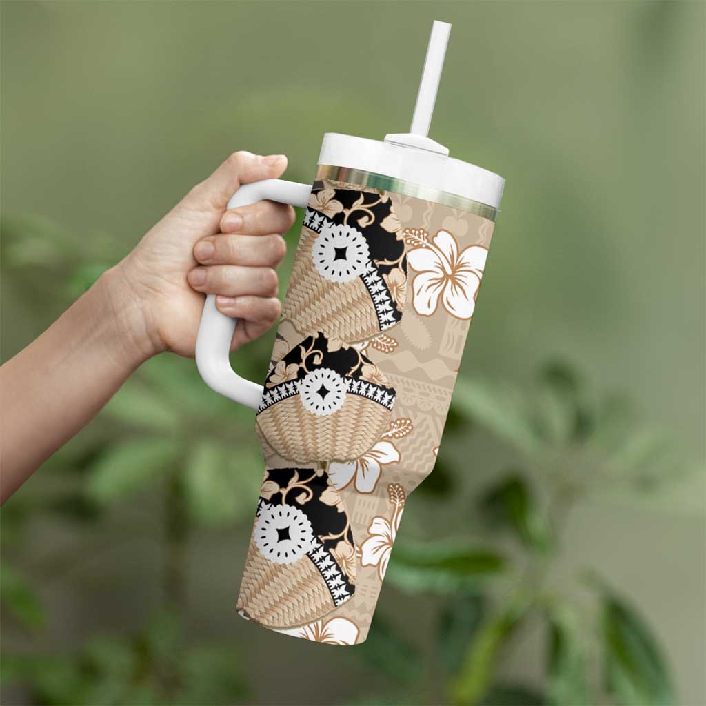 Bula Fiji Iri Buli Tumbler With Handle Woven Fan With Fijian Tapa