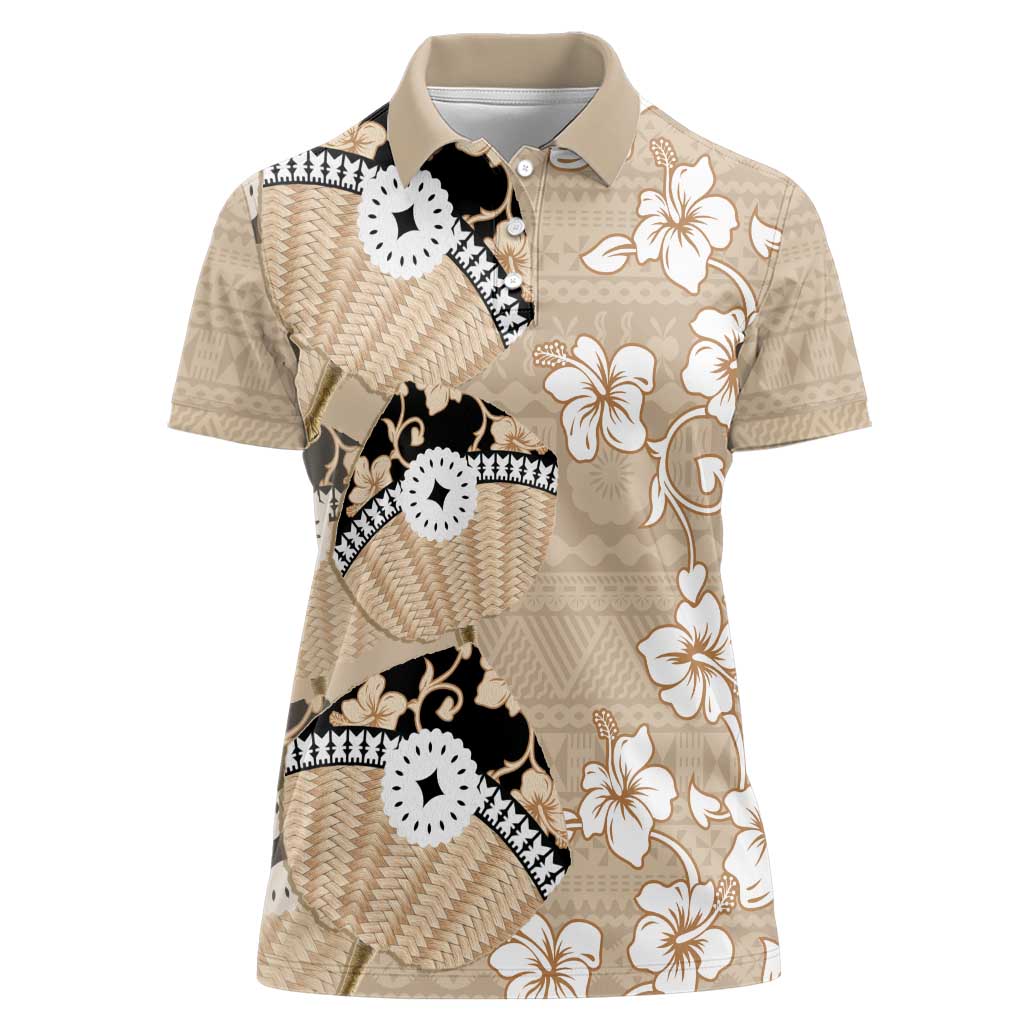 Bula Fiji Iri Buli Women Polo Shirt Woven Fan With Fijian Tapa LT14 Female Beige - Polynesian Pride