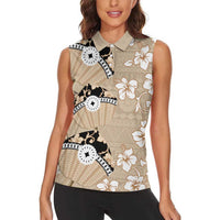 Bula Fiji Iri Buli Women Sleeveless Polo Shirt Woven Fan With Fijian Tapa LT14 - Polynesian Pride