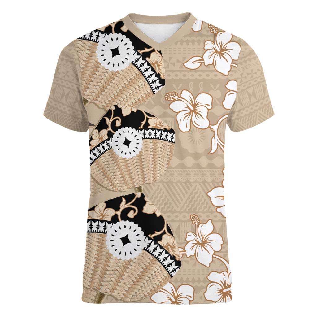 Bula Fiji Iri Buli Women V-Neck T-Shirt Woven Fan With Fijian Tapa LT14 Female Beige - Polynesian Pride