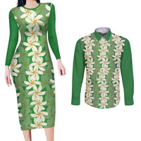 Ia Orana Tahiti Tiare Maori Seamless Style Couples Matching Long Sleeve Bodycon Dress and Long Sleeve Button Shirt LT14 Green - Polynesian Pride