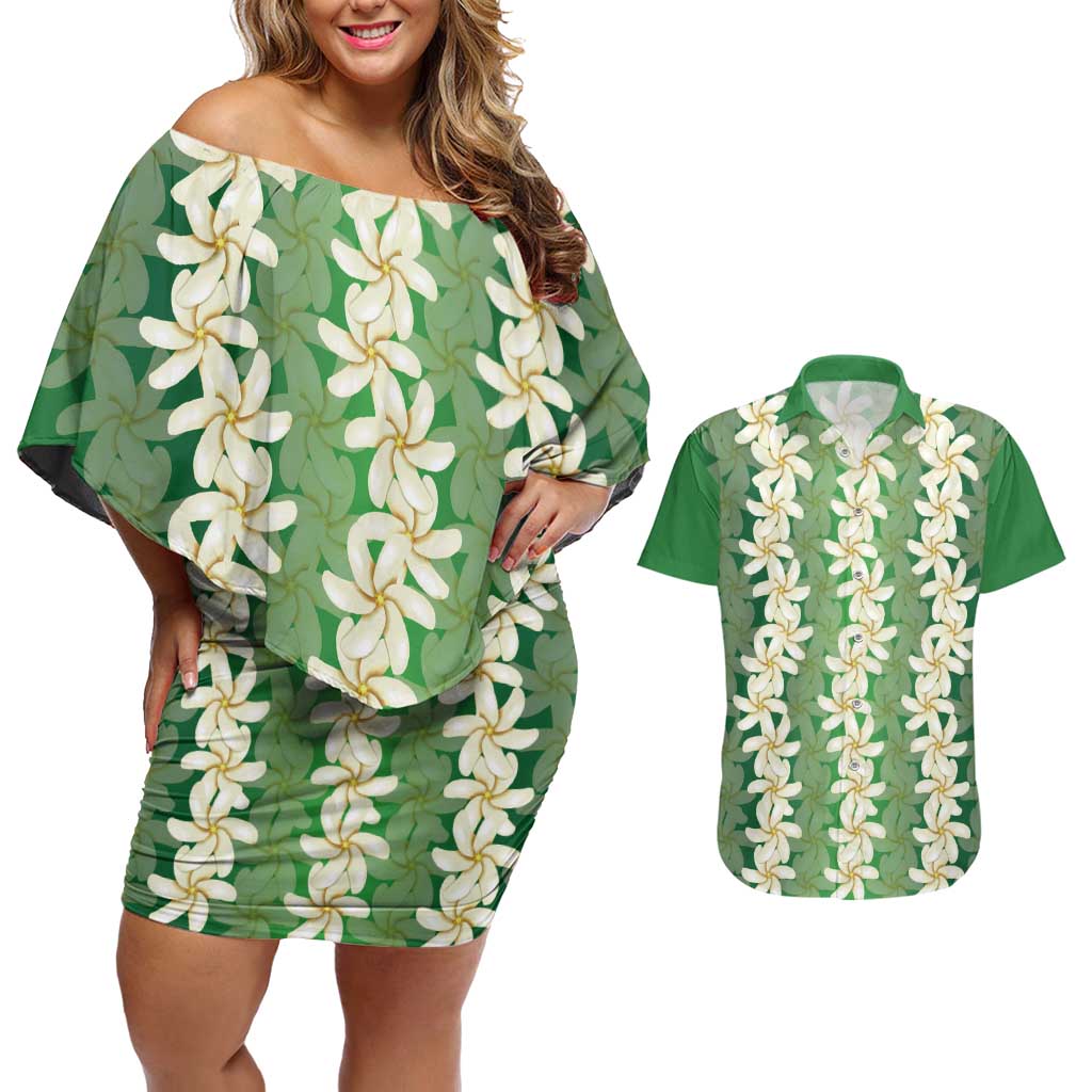 Ia Orana Tahiti Tiare Maori Seamless Style Couples Matching Off Shoulder Short Dress and Hawaiian Shirt LT14 Green - Polynesian Pride