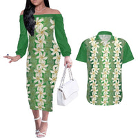 Ia Orana Tahiti Tiare Maori Seamless Style Couples Matching Off The Shoulder Long Sleeve Dress and Hawaiian Shirt LT14 Green - Polynesian Pride