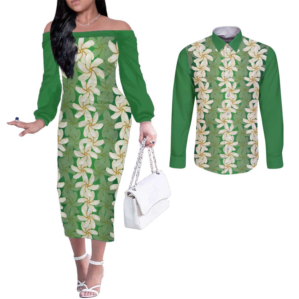 Ia Orana Tahiti Tiare Maori Seamless Style Couples Matching Off The Shoulder Long Sleeve Dress and Long Sleeve Button Shirt LT14 Green - Polynesian Pride