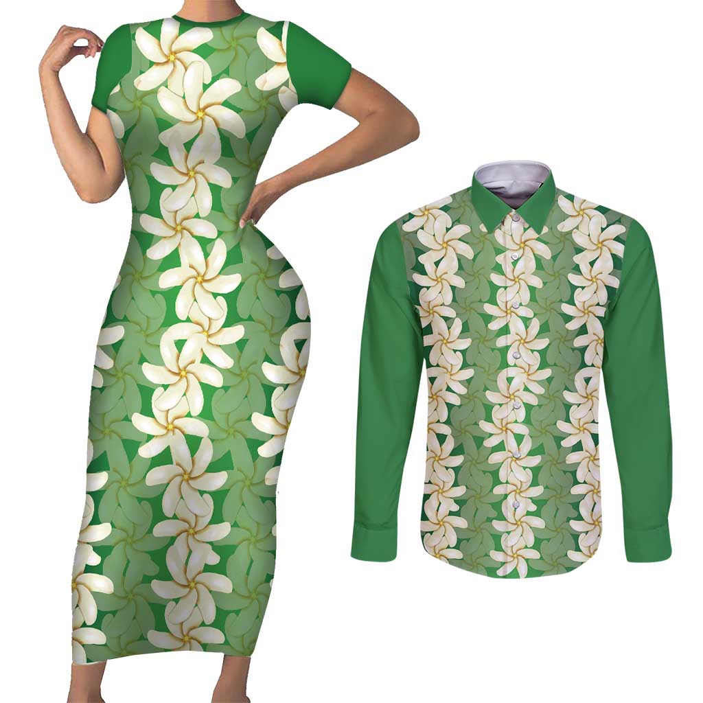 Ia Orana Tahiti Tiare Maori Seamless Style Couples Matching Short Sleeve Bodycon Dress and Long Sleeve Button Shirt LT14 Green - Polynesian Pride