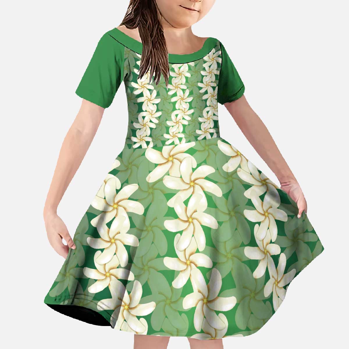 Ia Orana Tahiti Tiare Maori Seamless Style Family Matching Off The Shoulder Long Sleeve Dress and Hawaiian Shirt LT14 Daughter's Dress Green - Polynesian Pride
