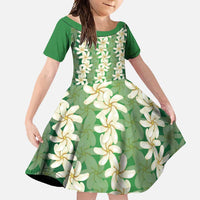 Ia Orana Tahiti Tiare Maori Seamless Style Family Matching Off Shoulder Maxi Dress and Hawaiian Shirt LT14 Daughter's Dress Green - Polynesian Pride