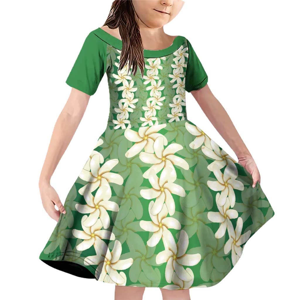 Ia Orana Tahiti Tiare Maori Seamless Style Family Matching Off Shoulder Short Dress and Hawaiian Shirt LT14 Daughter's Dress Green - Polynesian Pride