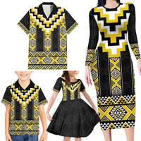 Yellow Taniko Aotearoa Family Matching Long Sleeve Bodycon Dress and Hawaiian Shirt Niho Taniwha Mix Poutama LT14 - Polynesian Pride
