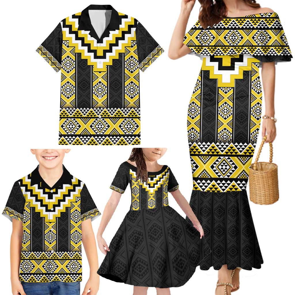 Yellow Taniko Aotearoa Family Matching Mermaid Dress and Hawaiian Shirt Niho Taniwha Mix Poutama LT14 - Polynesian Pride
