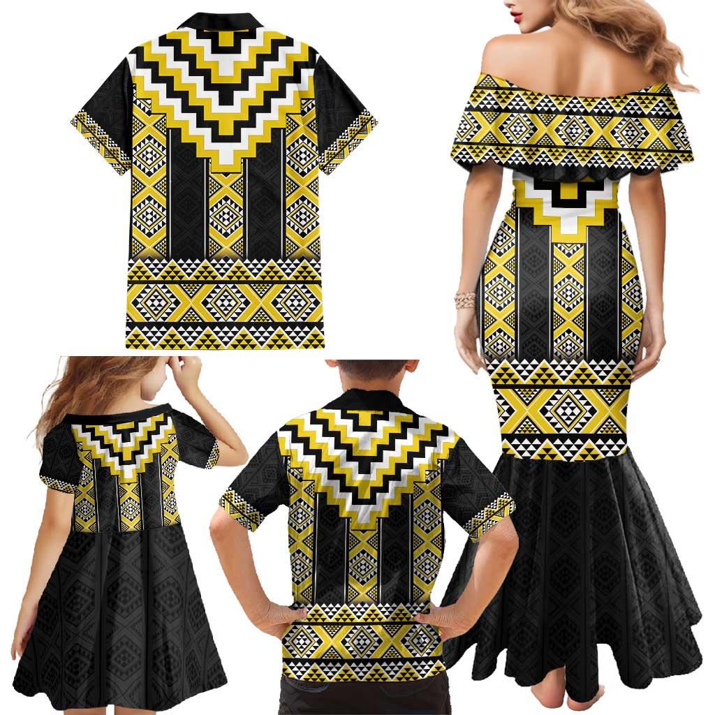 Yellow Taniko Aotearoa Family Matching Mermaid Dress and Hawaiian Shirt Niho Taniwha Mix Poutama LT14 - Polynesian Pride