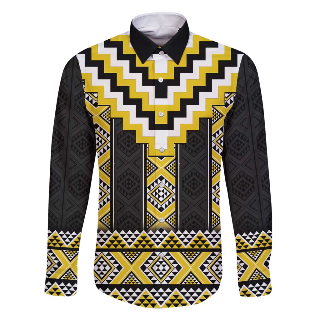 Yellow Taniko Aotearoa Family Matching Mermaid Dress and Hawaiian Shirt Niho Taniwha Mix Poutama LT14 Dad's Shirt - Long Sleeve Yellow - Polynesian Pride