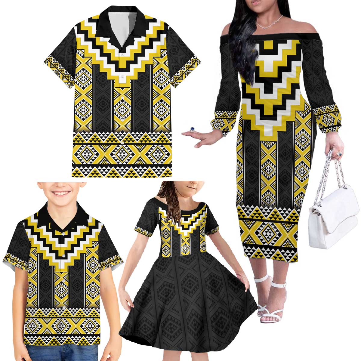 Yellow Taniko Aotearoa Family Matching Off The Shoulder Long Sleeve Dress and Hawaiian Shirt Niho Taniwha Mix Poutama LT14 - Polynesian Pride