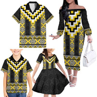 Yellow Taniko Aotearoa Family Matching Off The Shoulder Long Sleeve Dress and Hawaiian Shirt Niho Taniwha Mix Poutama LT14 - Polynesian Pride