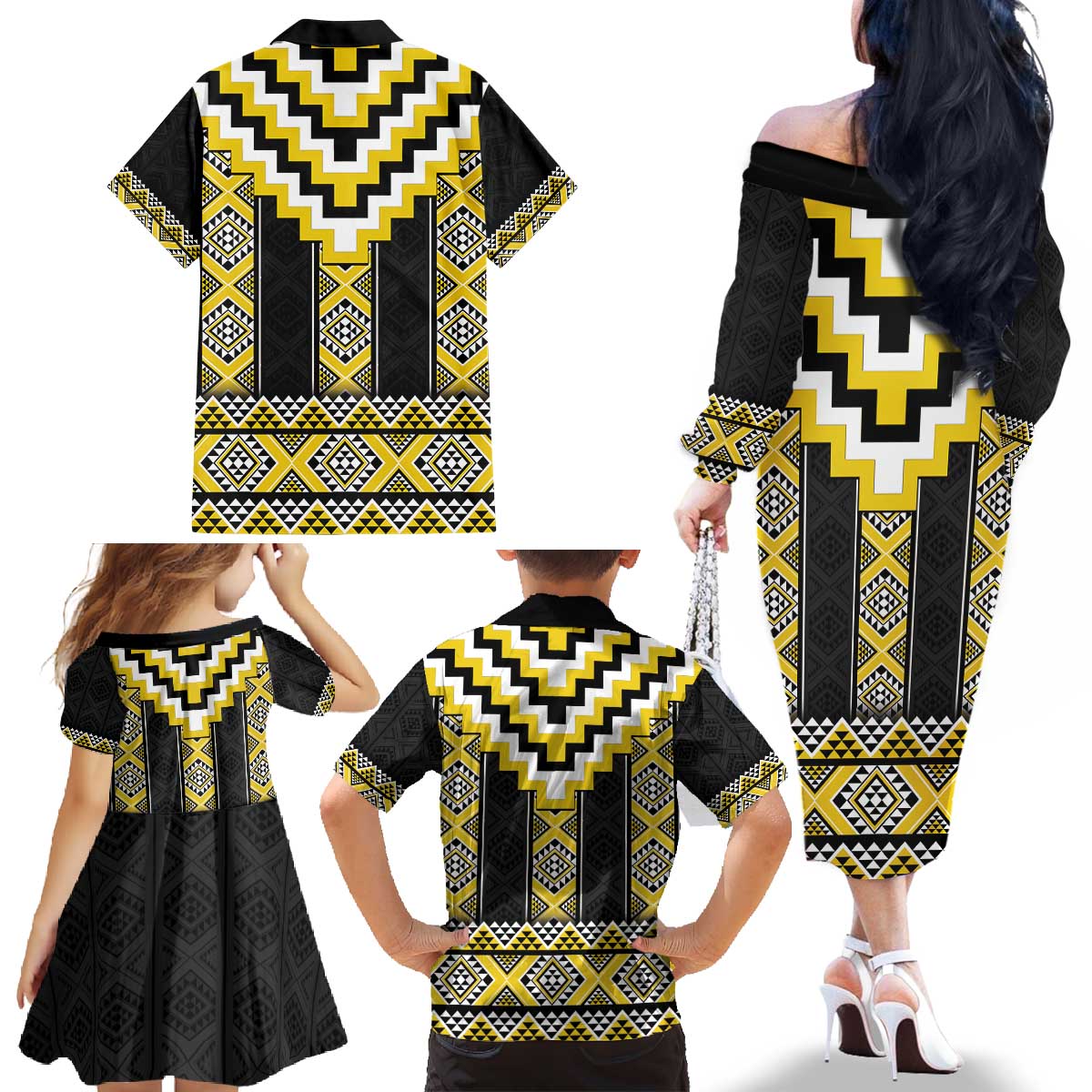 Yellow Taniko Aotearoa Family Matching Off The Shoulder Long Sleeve Dress and Hawaiian Shirt Niho Taniwha Mix Poutama LT14 - Polynesian Pride