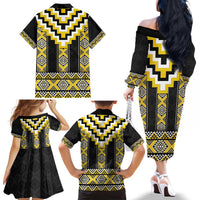 Yellow Taniko Aotearoa Family Matching Off The Shoulder Long Sleeve Dress and Hawaiian Shirt Niho Taniwha Mix Poutama LT14 - Polynesian Pride
