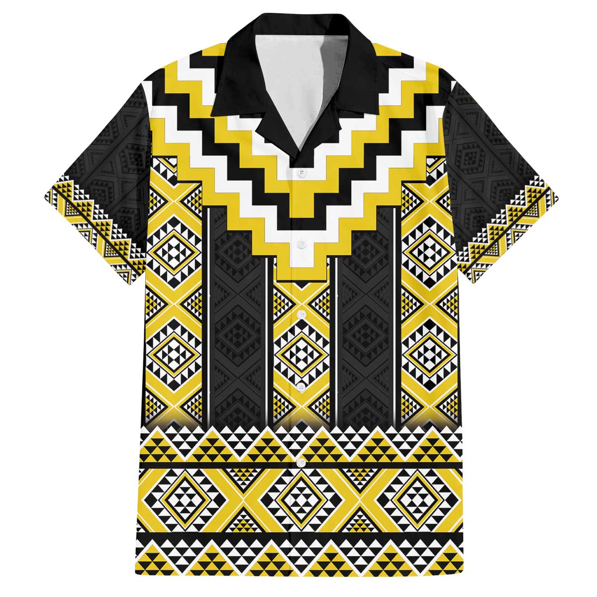 Yellow Taniko Aotearoa Family Matching Off The Shoulder Long Sleeve Dress and Hawaiian Shirt Niho Taniwha Mix Poutama LT14 Dad's Shirt - Short Sleeve Yellow - Polynesian Pride