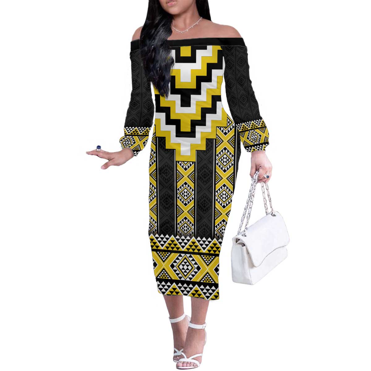 Yellow Taniko Aotearoa Family Matching Off The Shoulder Long Sleeve Dress and Hawaiian Shirt Niho Taniwha Mix Poutama LT14 Mom's Dress Yellow - Polynesian Pride