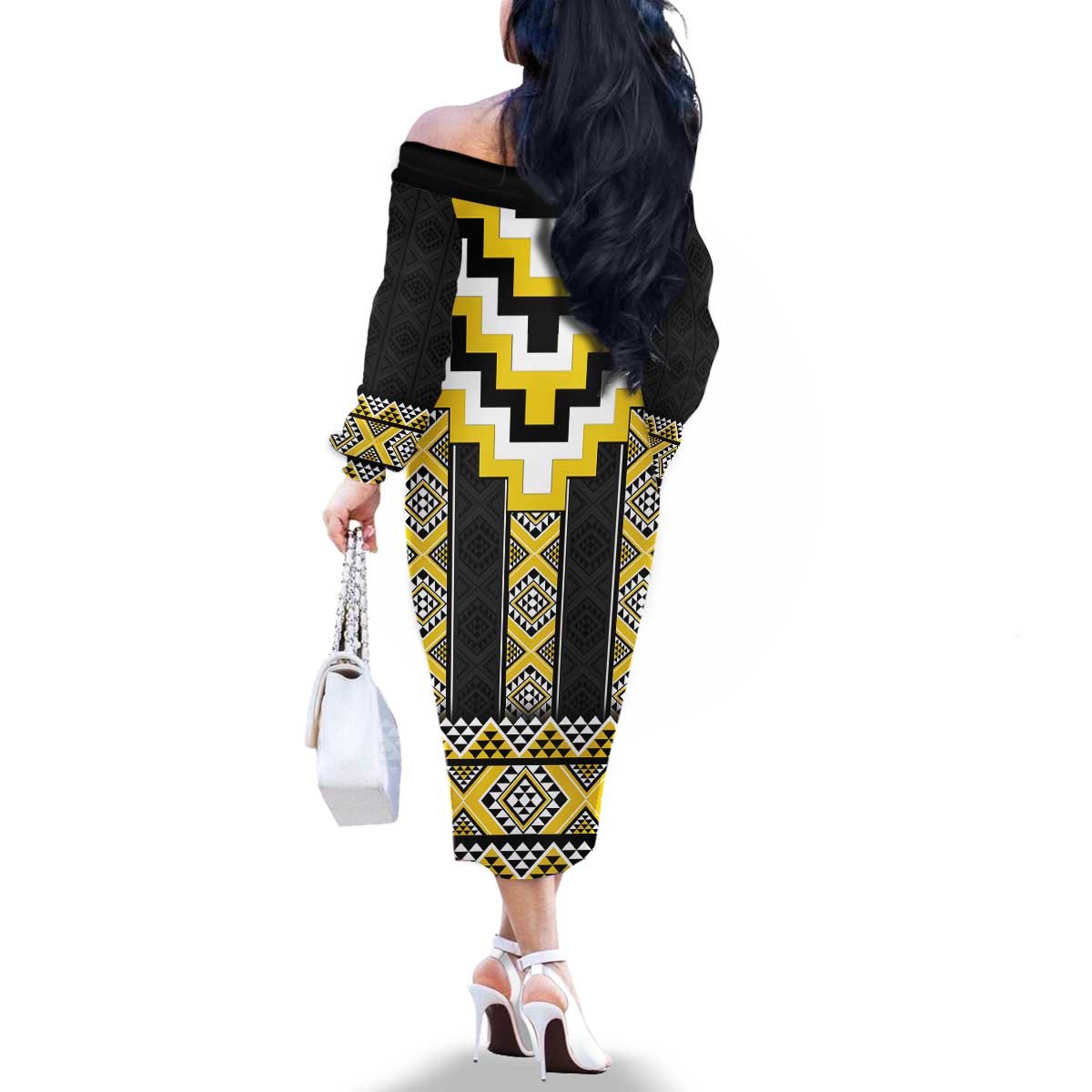 Yellow Taniko Aotearoa Family Matching Off The Shoulder Long Sleeve Dress and Hawaiian Shirt Niho Taniwha Mix Poutama LT14 - Polynesian Pride