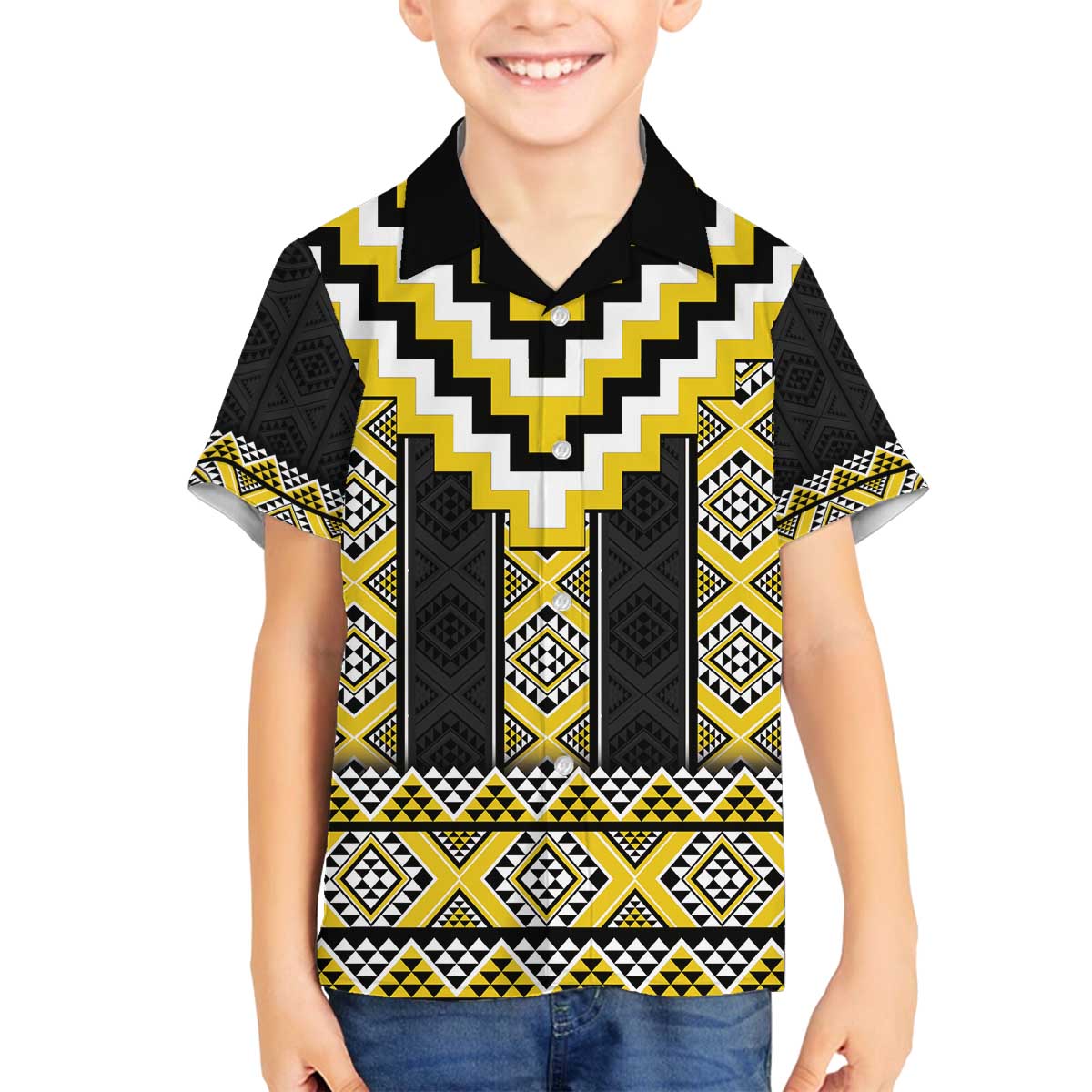 Yellow Taniko Aotearoa Family Matching Off The Shoulder Long Sleeve Dress and Hawaiian Shirt Niho Taniwha Mix Poutama LT14 Son's Shirt Yellow - Polynesian Pride
