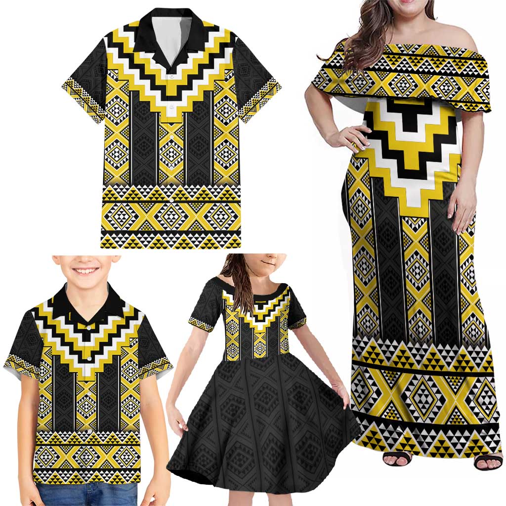 Yellow Taniko Aotearoa Family Matching Off Shoulder Maxi Dress and Hawaiian Shirt Niho Taniwha Mix Poutama LT14 - Polynesian Pride