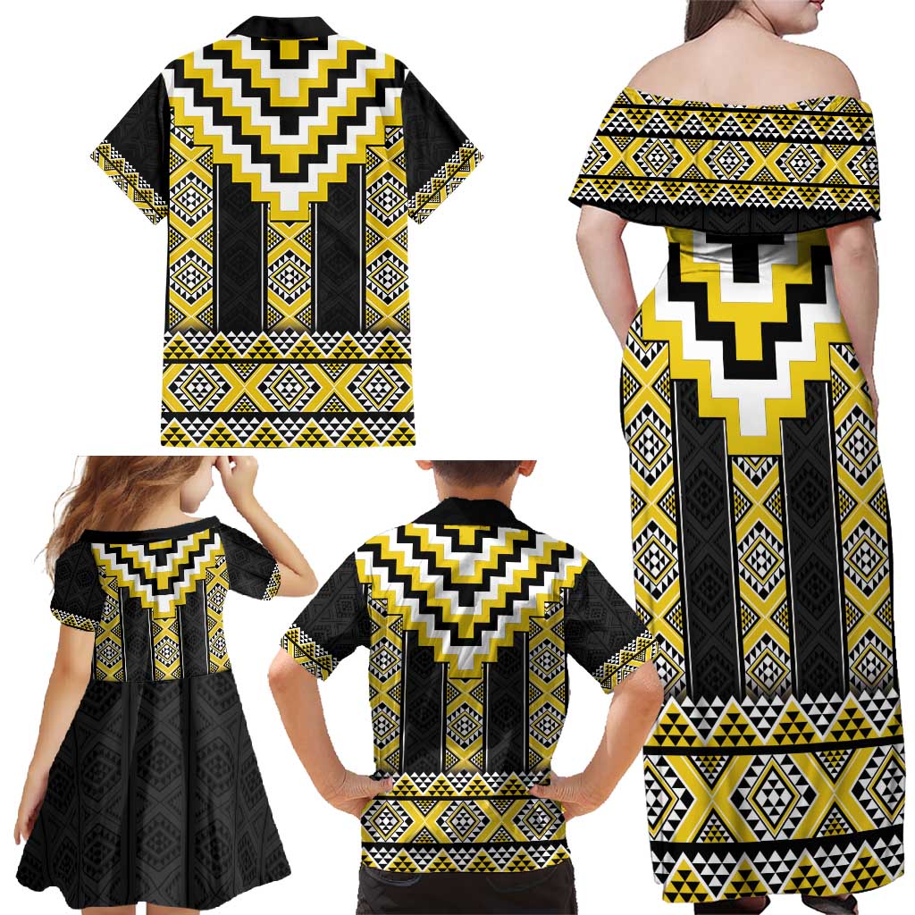 Yellow Taniko Aotearoa Family Matching Off Shoulder Maxi Dress and Hawaiian Shirt Niho Taniwha Mix Poutama LT14 - Polynesian Pride