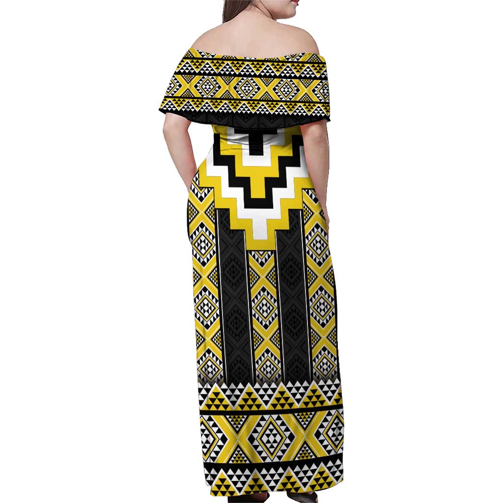 Yellow Taniko Aotearoa Family Matching Off Shoulder Maxi Dress and Hawaiian Shirt Niho Taniwha Mix Poutama LT14 - Polynesian Pride