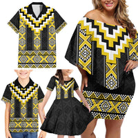 Yellow Taniko Aotearoa Family Matching Off Shoulder Short Dress and Hawaiian Shirt Niho Taniwha Mix Poutama LT14 - Polynesian Pride