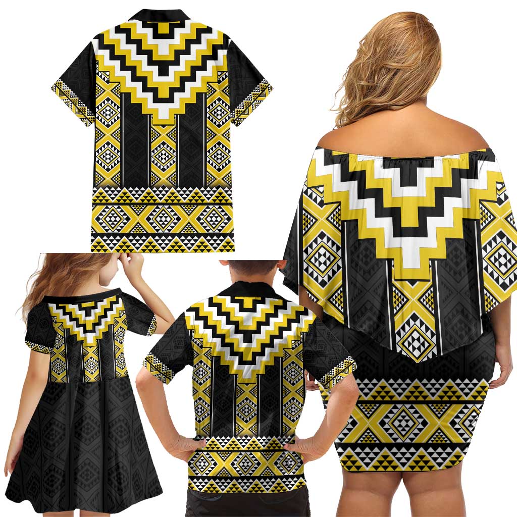 Yellow Taniko Aotearoa Family Matching Off Shoulder Short Dress and Hawaiian Shirt Niho Taniwha Mix Poutama LT14 - Polynesian Pride