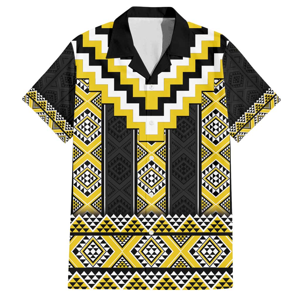 Yellow Taniko Aotearoa Family Matching Off Shoulder Short Dress and Hawaiian Shirt Niho Taniwha Mix Poutama LT14 Dad's Shirt - Short Sleeve Yellow - Polynesian Pride