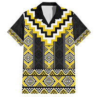 Yellow Taniko Aotearoa Family Matching Off Shoulder Short Dress and Hawaiian Shirt Niho Taniwha Mix Poutama LT14 Dad's Shirt - Short Sleeve Yellow - Polynesian Pride