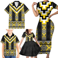 Yellow Taniko Aotearoa Family Matching Short Sleeve Bodycon Dress and Hawaiian Shirt Niho Taniwha Mix Poutama LT14 - Polynesian Pride
