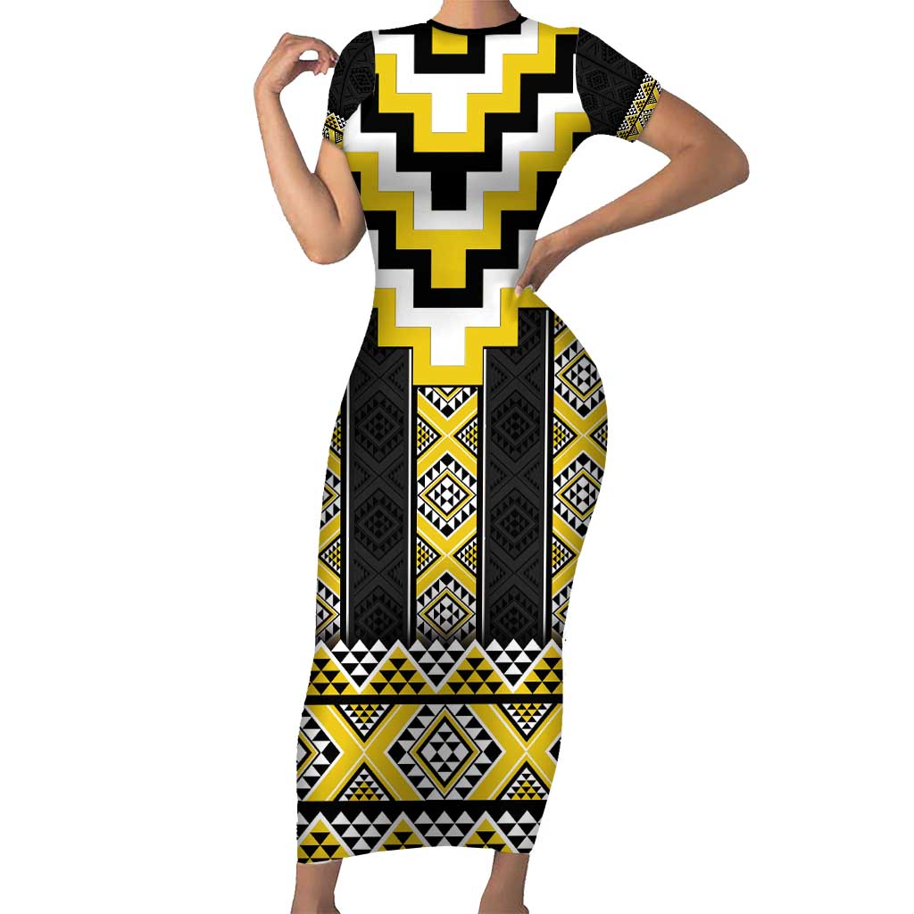 Yellow Taniko Aotearoa Family Matching Short Sleeve Bodycon Dress and Hawaiian Shirt Niho Taniwha Mix Poutama LT14 Mom's Dress Yellow - Polynesian Pride