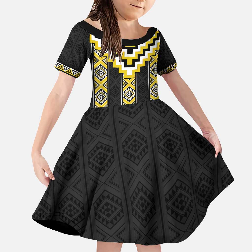 Yellow Taniko Aotearoa Family Matching Summer Maxi Dress and Hawaiian Shirt Niho Taniwha Mix Poutama LT14 Daughter's Dress Yellow - Polynesian Pride