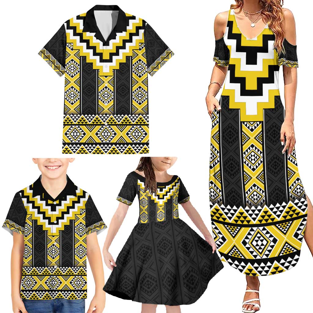 Yellow Taniko Aotearoa Family Matching Summer Maxi Dress and Hawaiian Shirt Niho Taniwha Mix Poutama LT14 - Polynesian Pride