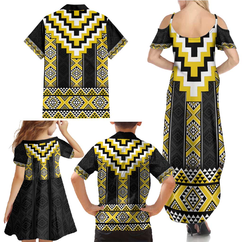 Yellow Taniko Aotearoa Family Matching Summer Maxi Dress and Hawaiian Shirt Niho Taniwha Mix Poutama LT14 - Polynesian Pride