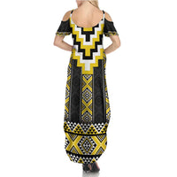 Yellow Taniko Aotearoa Family Matching Summer Maxi Dress and Hawaiian Shirt Niho Taniwha Mix Poutama LT14 - Polynesian Pride
