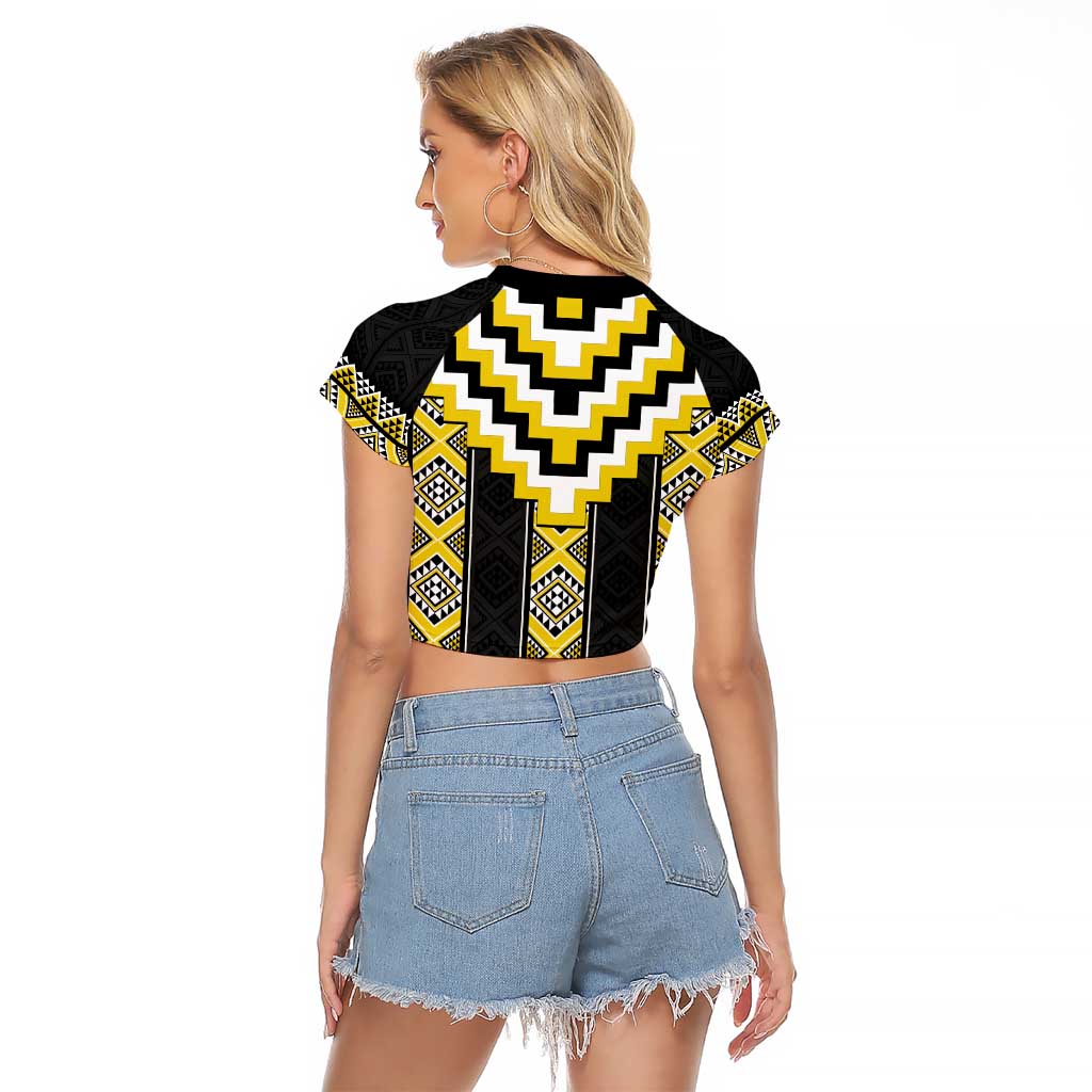 Yellow Taniko Aotearoa Raglan Cropped T Shirt Niho Taniwha Mix Poutama