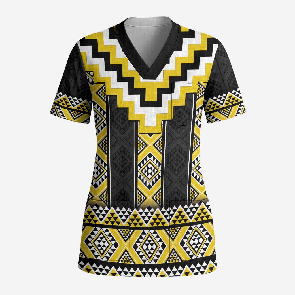 Yellow Taniko Aotearoa Scrub Top Niho Taniwha Mix Poutama - Polynesian Pride