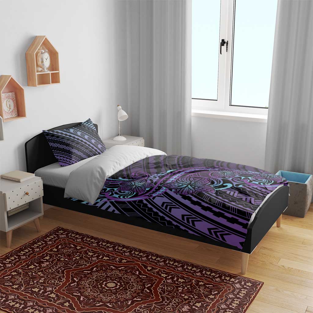 Teal Purple Polynesia Plumeria Tattoo Bedding Set