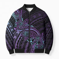 Teal Purple Polynesia Plumeria Tattoo Bomber Puffer Jacket